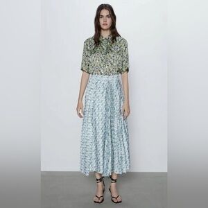 Zara Floral Pleated Asymmetrical Midi Skirt